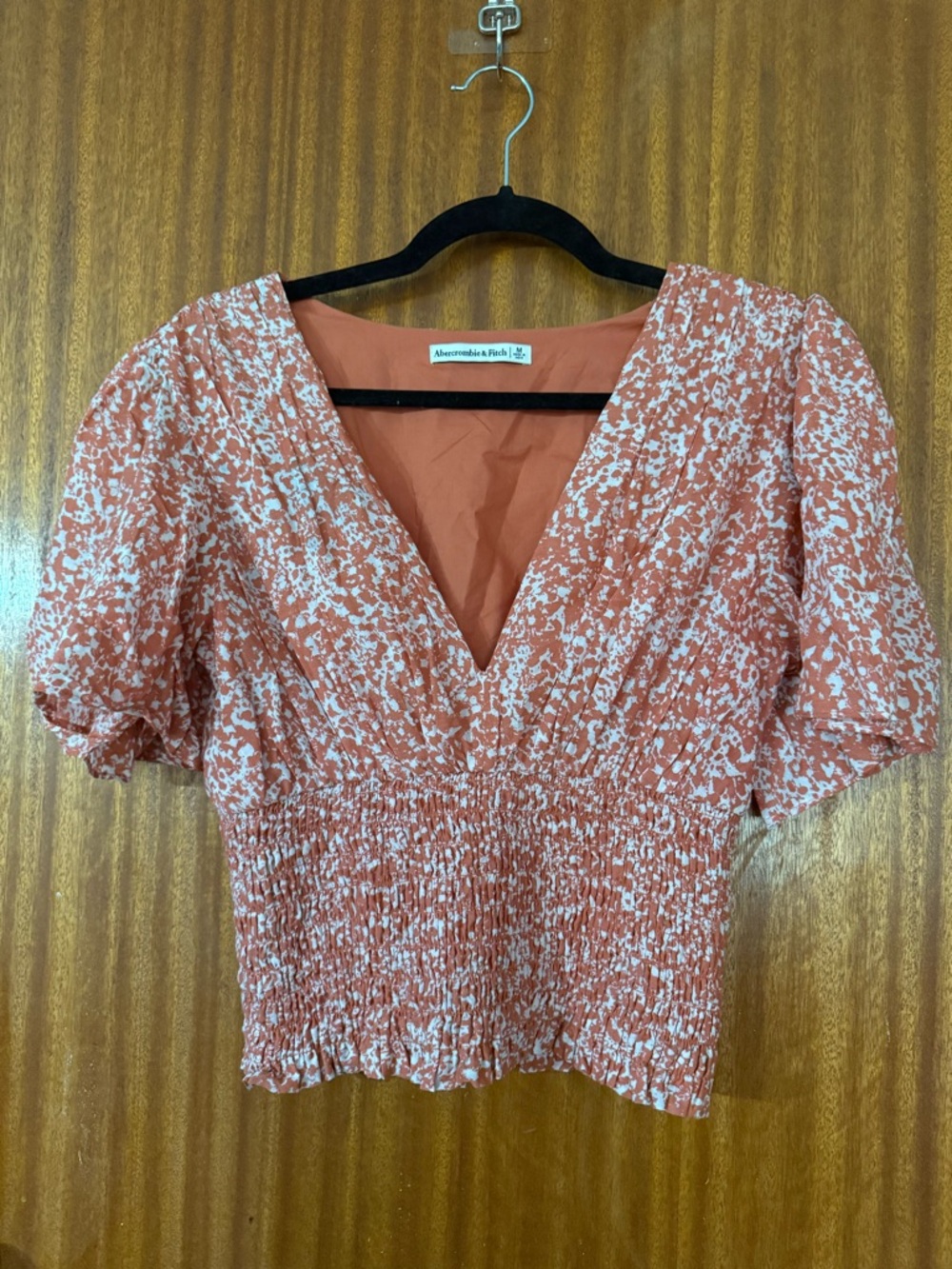 A&F Flutter Sleeve Smocked Waist Top- coral